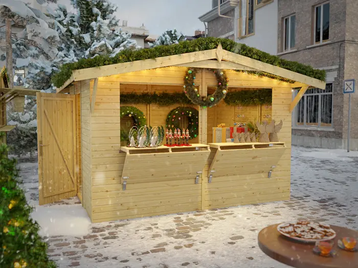 Weihnachtshütte / Marktstand Stella – Verkaufsstand aus Fichtenholz, 8,2 m²