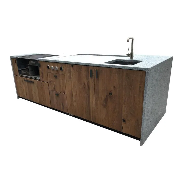 Outdoorküche Granit mit E-Teppanyaki Grill und Holzkohlegrill