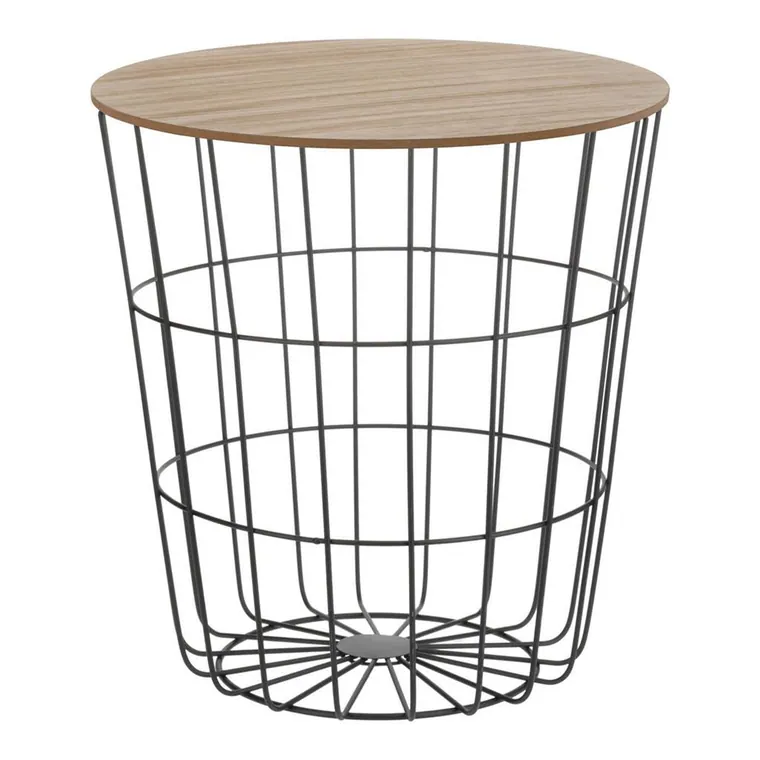 Design Beistelltisch – Metall Korb + Holz Deckel