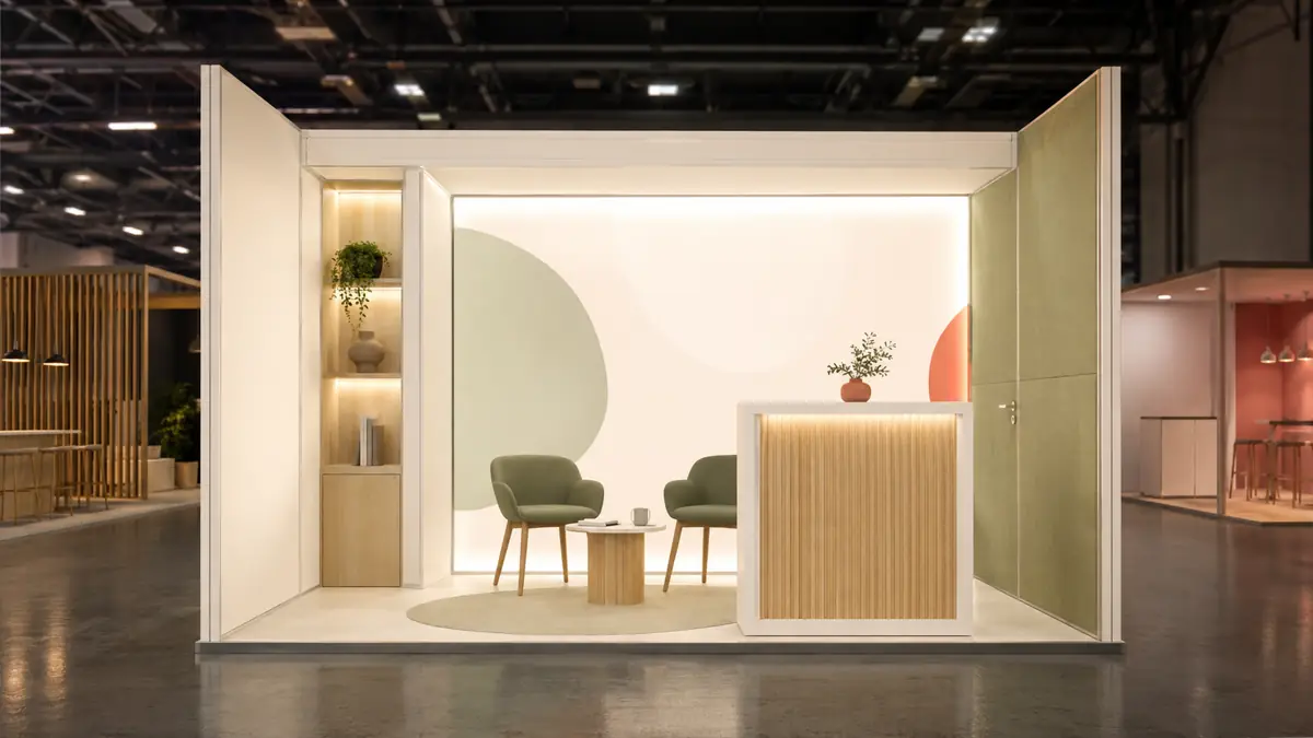 KI-Visualisierung: kompakter Stand in Beige mit zwei Sesseln und Beistelltisch