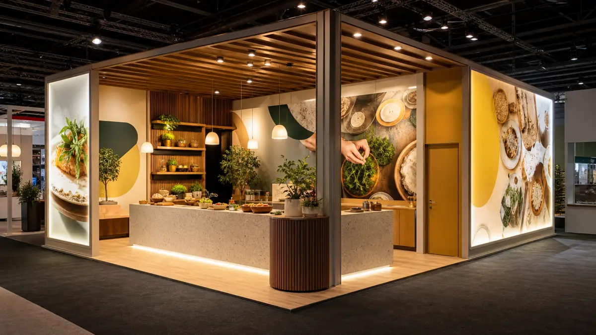 KI-Visualisierung: Messestand in Holzoptik mit Foodmotiven und Theke