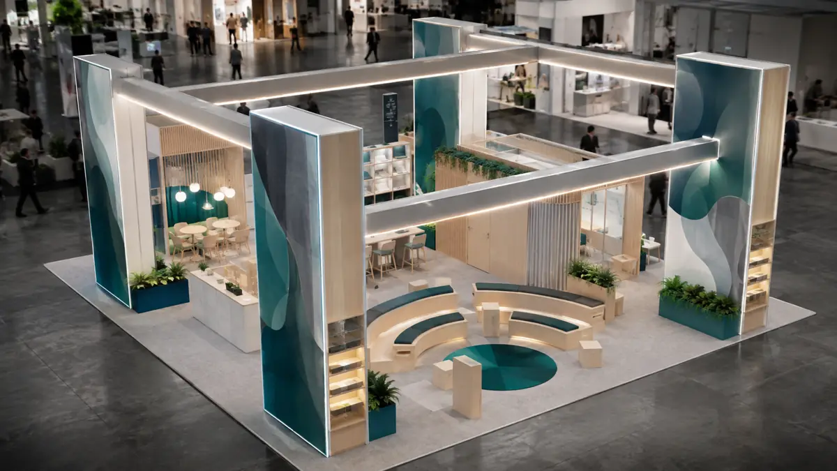 KI-Visualisierung: offener Messestand mit Rundlounge und blau-weißen Grafikwänden