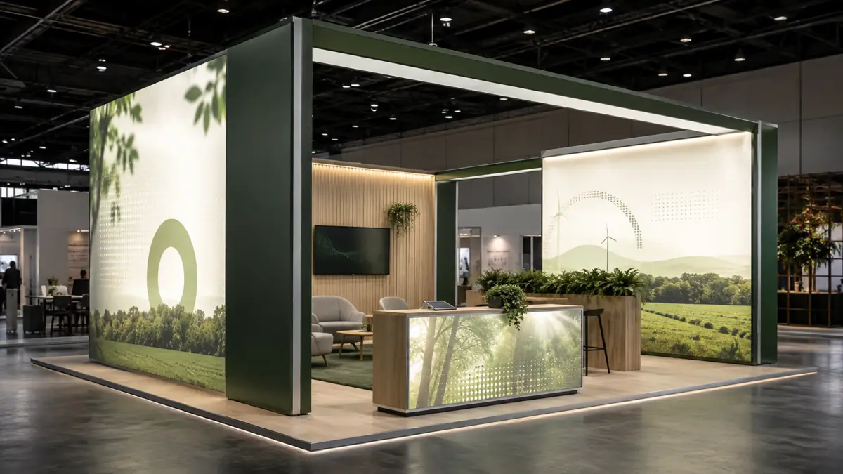 KI-Visualisierung: Stand in Dunkelgrün mit Landschaftsmotiven und Pflanzen