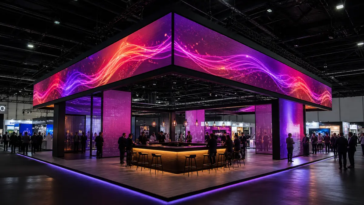 KI-Visualisierung: Stand mit umlaufender LED-Blende in Violett und Bar