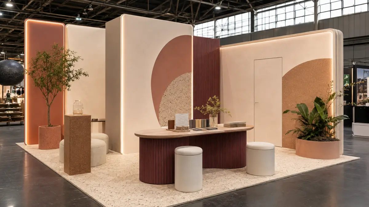 KI-Visualisierung: Stand mit Wänden in Terrakotta und Sand, Baum und Hockern