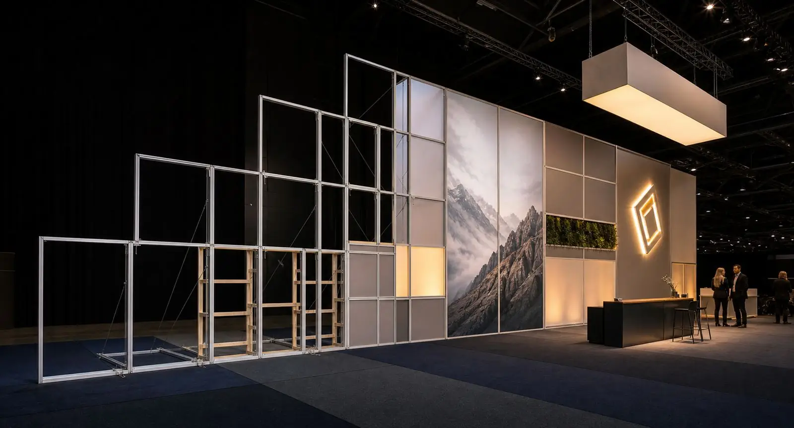 Modularer Messestand aus Aluvision-Rahmen: links die offene Systemkonstruktion, rechts der fertige Markenauftritt