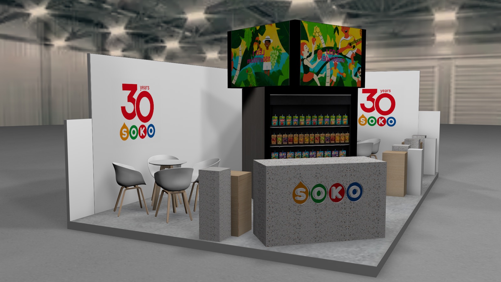 3-D-Entwurf des SOKO-Standes, Blick auf Counter und K&uuml;hlregal